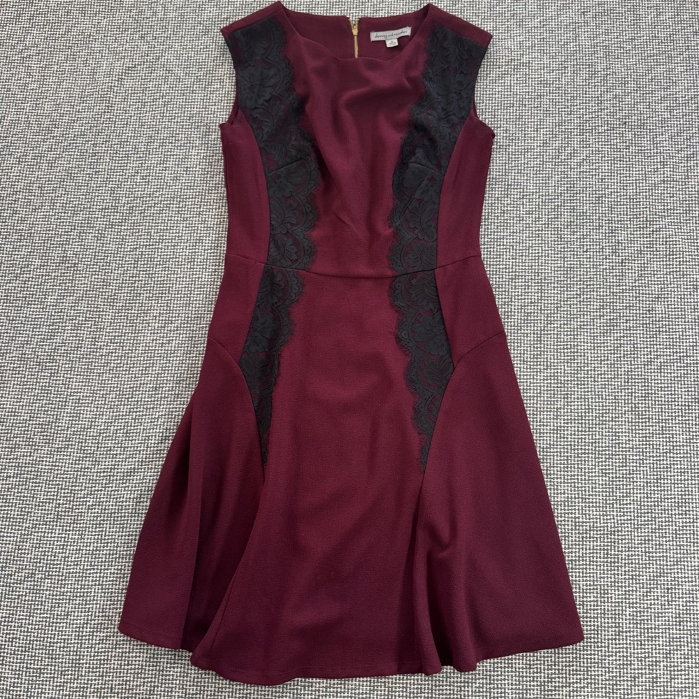 Danny and Nicole Burgundy Lace Trim Fit and Flare Dress Size 8 Sleeveless Wine